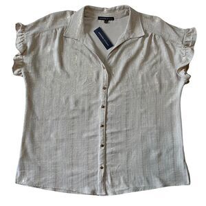 Vittadini Womens Blouse XL Short Frill Sleeve Button-UP Cream Gold Pinstripes